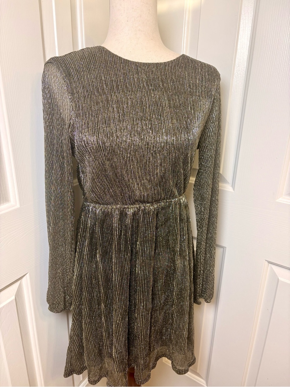 Gold Metallic Ruched Waist Long Sleeve Party Mini Dress Shimmer Small